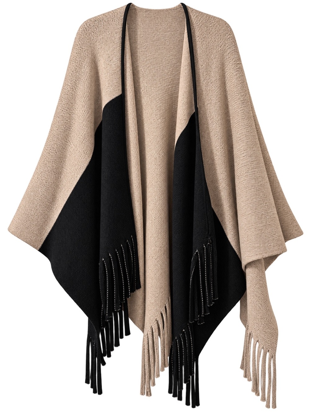 Calvin Klein Beige and Black Fringe Open Front Poncho Wrap - Picture 3 of 3